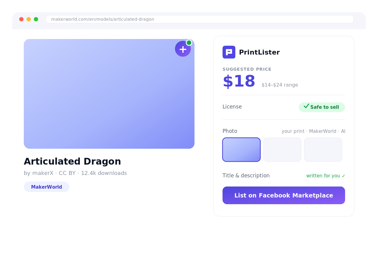 PrintLister turning a MakerWorld model into a priced Facebook Marketplace listing